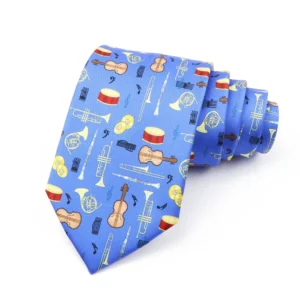 Cravate bleue avec motif musical représentant une trompette et une guitare