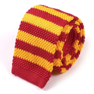 Cravate en soie tricotée à rayures rouges et jaunes, maille plate