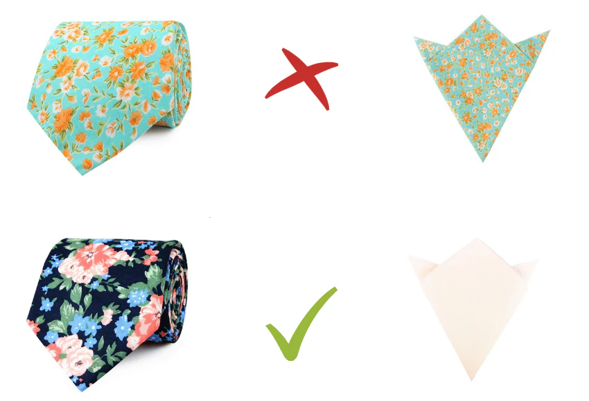 Exemple 3 : en haut, une cravate verte avec un motif imprimé floral qui ne correspond pas à sa pochette ; en bas, une cravate bleue avec un motif imprimé floral assortie à une pochette parfaitement correspondante