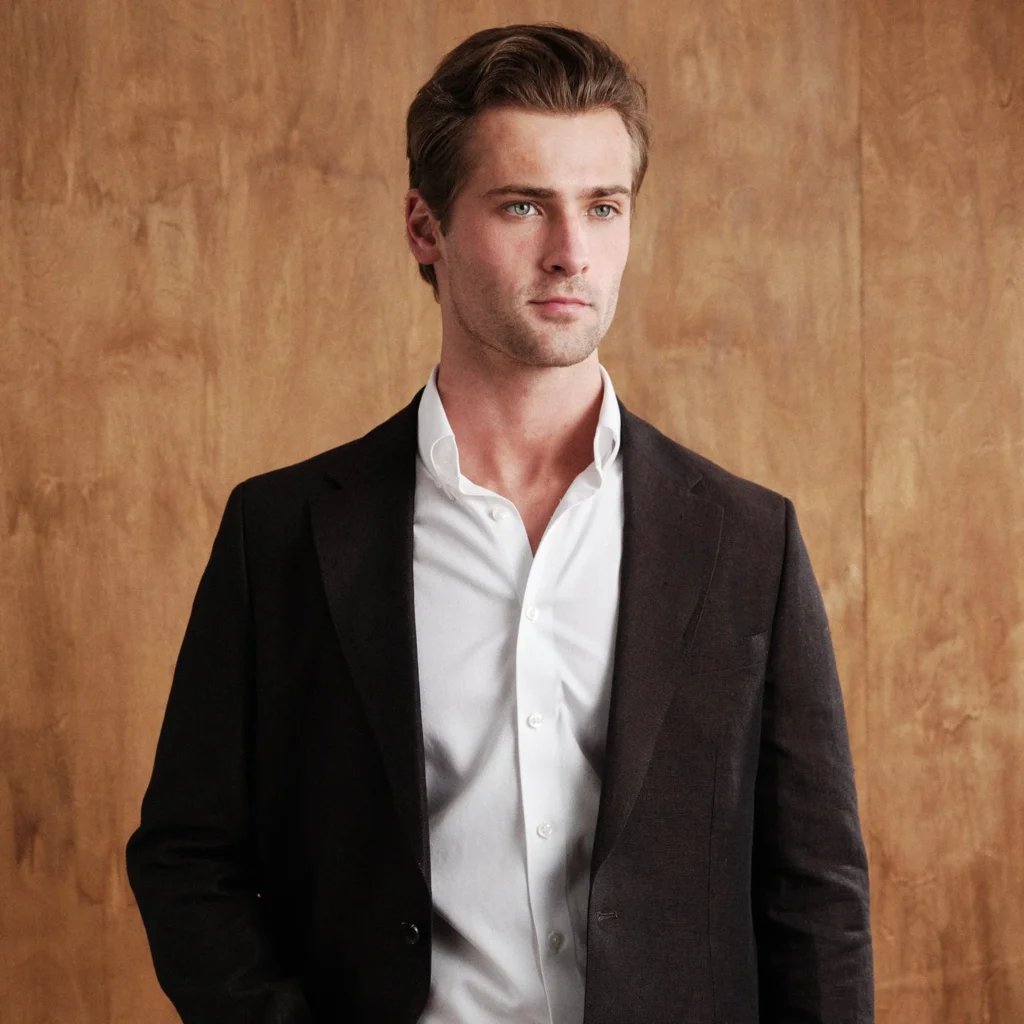 Un homme élégamment vêtu pose devant un fond en bois clair. Il porte une veste de costume sombre, ouverte, associée à une chemise blanche aux premiers boutons déboutonnés, ce qui lui donne une allure à la fois soignée et décontractée. Ses cheveux châtains sont coiffés avec volume et naturel, et son visage affiche une expression calme et réfléchie, le regard dirigé légèrement sur le côté. L’éclairage doux met en valeur les textures du tissu et les traits du visage, renforçant l’atmosphère raffinée et moderne de la scène.