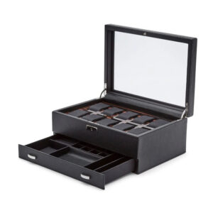 Boîte à montres finition cuir végan – 10 emplacements – Roadster Noir avec tiroir