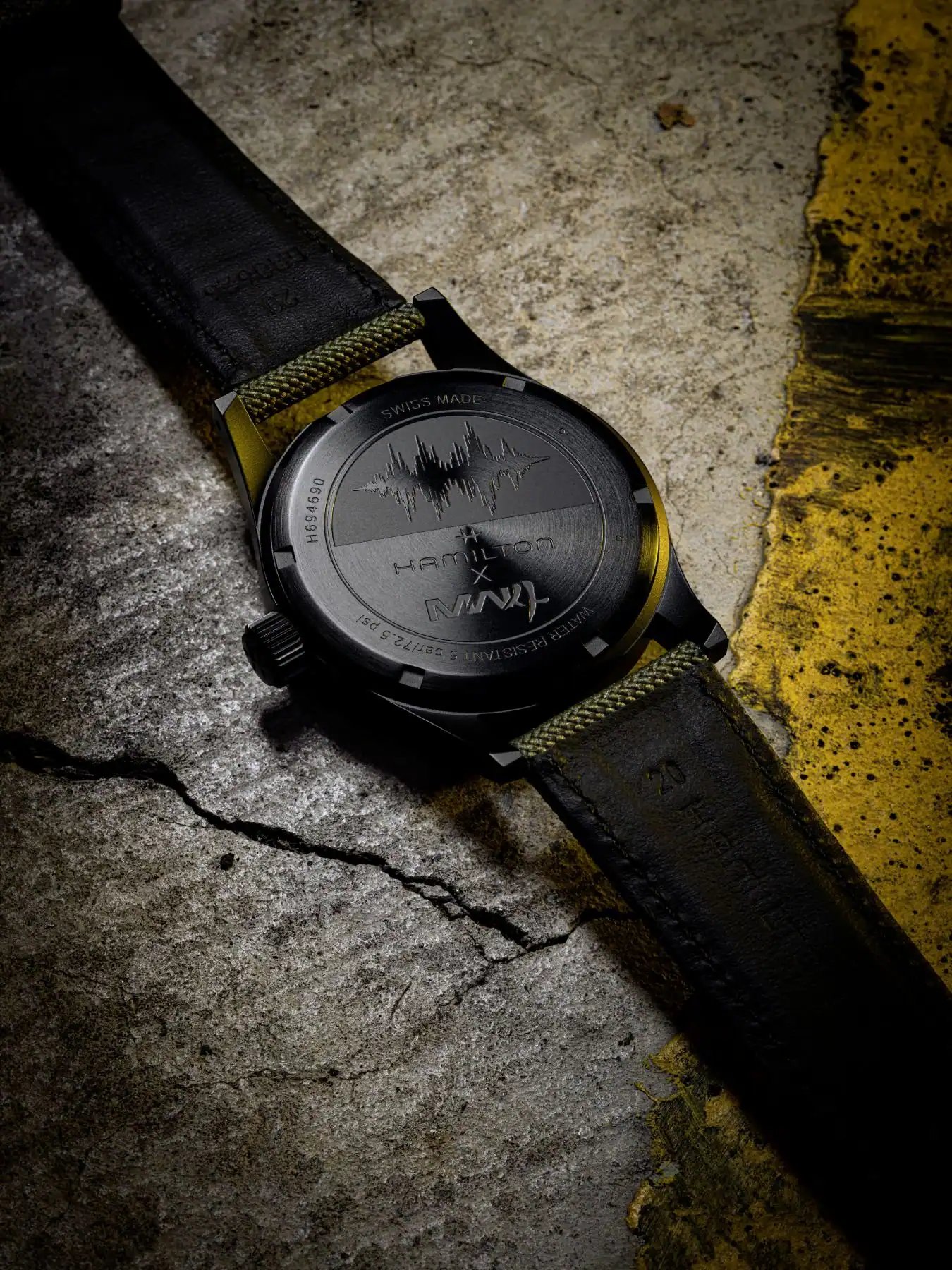 Case back of the Lume shot of the Hamilton Khaki Field Mechanical 38mm for Call of Duty: Modern Warfare 4